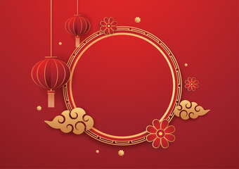 Happy Chinese new year 2023. Chinese new year banner with circle for show product. Greeting card. China frame with lantern on red background.