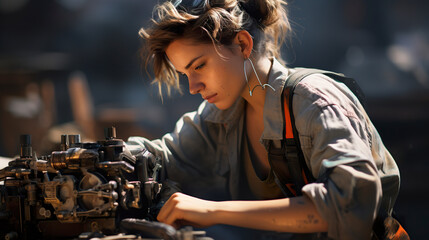 A qualified technician in a factory diligently operates a metal drill. Woman working with attention and care in an industrial environment. Essential woman in production and engineering performance.