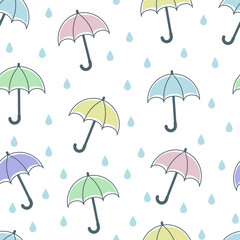 Multicolored umbrellas and raindrops vector seamless pattern