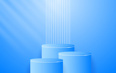 Multi-tiered blue podium with elegant white lines on the back for product presentation. Display of cosmetic products. Stage or podium. vector illustration	