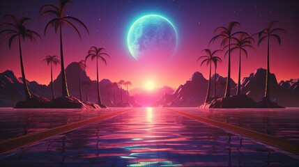 A breathtaking sunset over a tropical oasis, with palm trees silhouetted against the colorful sky and a sparkling pool in the foreground - obrazy, fototapety, plakaty