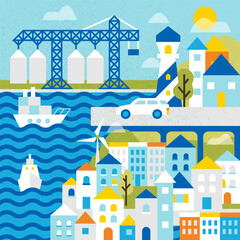 Marine City Landscape. Vector Illustration of Ukraine City. Waves Water and Buildings. Sea and Houses.