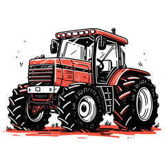 tractor plows the field in minimalistic, black and red line work, japan web vector illustration