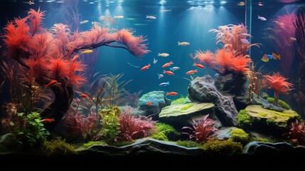Fototapeta na wymiar Within the freshwater aquarium, an enchanting world unfolds, showcasing vibrant plants and a thriving fish community