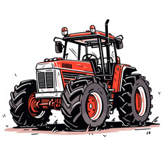 tractor plows the field in minimalistic, black and red line work, japan web vector illustration