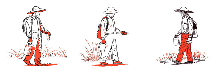 farmer using organic herbicides in minimalistic, black and red line work, japan web vector illustration