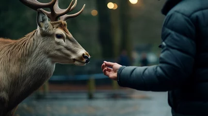 Schilderijen op glas Within the zoo's enclosure, a curious deer sniffs the hand of an unknown man © Pretty Panda