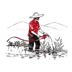 farmer using drip irrigation in minimalistic, black and red line work, japan web vector illustration