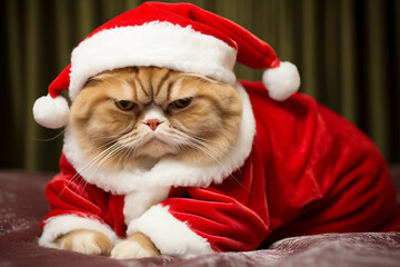 Obraz na płótnie Canvas a fat gloomy cat in a New Year's Santa Claus costume. Christmas. Not a New Year's mood