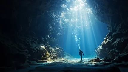 Foto op Aluminium Exploring the ocean's breathtaking blue caves, a diver dives into the underwater world © Pretty Panda