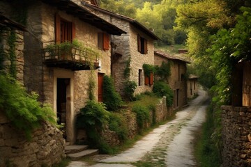Fototapeta na wymiar A charming village with rustic houses and a charming road. Generative AI