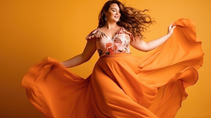 Lucky plus-size lady overweight woman in fashion dress happy dancing, celebrating on mint background with free text space