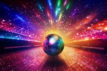 3D illustration of a triumphant bowling strike under a sparkling disco ball. Generative AI - obrazy, fototapety, plakaty