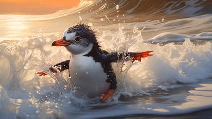 Deurstickers Gentoo penguin chick playing in the surf © Pretty Panda