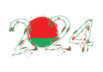 2024 Year in grunge style with flag of Belarus.