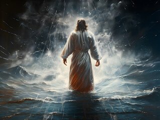 Jesus Christ walking on water during storm.