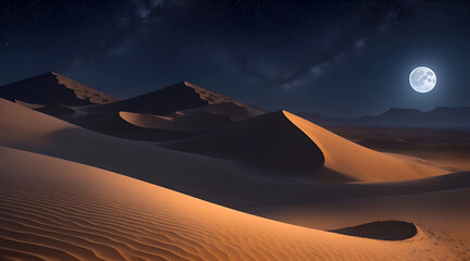 Fototapeta na wymiar Desert dunes at night with moon and stars. 3d illustration