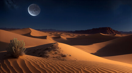 Fototapeta na wymiar Dunes in the desert at night with full moon. 3d illustration