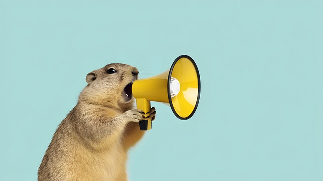 Woodchuck announcing using hand speaker. Notifying, warning, announcer