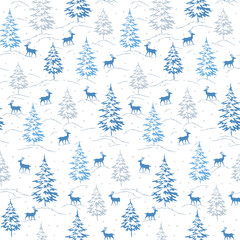 Seamless Pattern With Christmas Trees And Deer