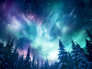 Fototapeten Multicolored northern lights, aurora borealis with starry in the night sky. Epic winter landscape of snowy forest landscape © Feathering Flower
