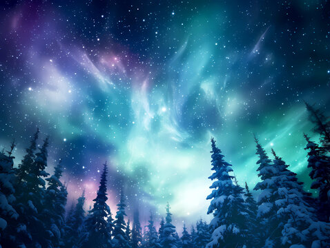 Multicolored northern lights, aurora borealis with starry in the night sky. Epic winter landscape of snowy forest landscape