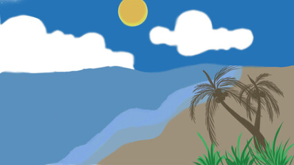 Summer beach background. Sandy beaches, sea beaches with palm trees and beach trips call. Paradise island, tropical sea paradise view