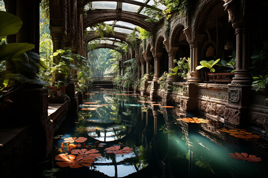 low angle of tropical pond on a daylight, peaceful scenery