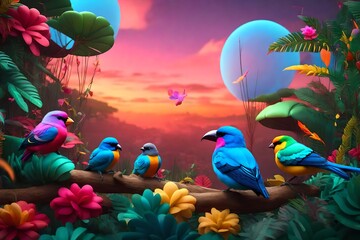 Obraz na płótnie Canvas A closeup of beautiful Loriini parrots on tree