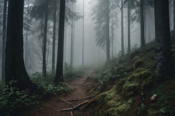 Fototapeta premium A foggy forest trail enveloped in mystery and beauty