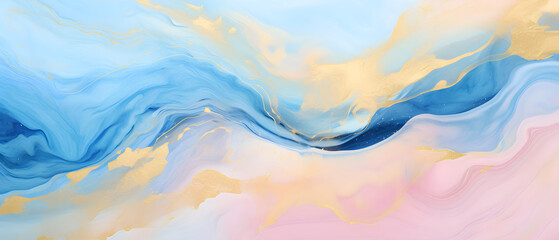 Obraz premium Abstract watercolor paint background illustration Soft pastel pink blue color and golden lines, with liquid fluid marbled paper texture banner texture, Generative AI