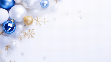Overhead Christmas Holiday Ornaments and Decorations., banner cover design. Generative AI