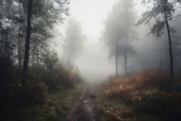 Fototapeta premium A misty forest path shrouded in fog