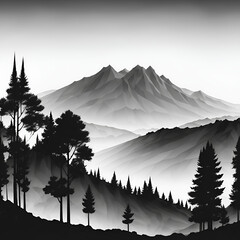 Black and white mountains vector illustration.Mountain with pine trees and landscape black on white background. Rocky peaks in sketch style, minimalistic style. Mountain logo.Black silhouette.