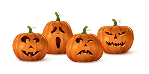 Halloween carved spooky pumpkin set. Isolated smiling, cute, funny, happy, scary, creepy faces. October holiday decoration vector illustration. Glowing with light or lantern objects