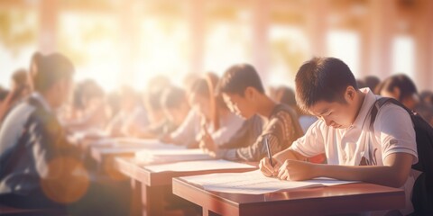 A Person Concentratedly Writing a Test on Paper, Seated at a Desk in Front of Others in an Academic Setting, Engaged in the Process of Assessment and Learning