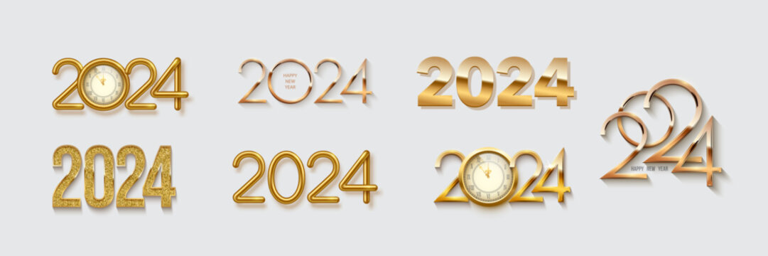 Set of 2024 New Year gold numbers for greeting cards, banners or posters vector illustration. Different 2024 golden numbers templates with glow light effect, clocks and shining ring isolated on white.