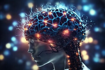 human head with glowing neuron in brain. ai generative