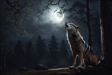 Wolf howling at the moon sitting on the ground in the forest. ai generative