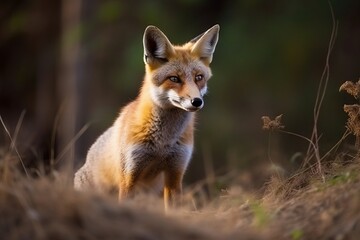 Fototapeta premium A majestic red fox standing in the vibrant forest