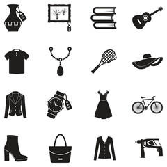 Second Hand Store Icons. Black Flat Design. Vector Illustration.