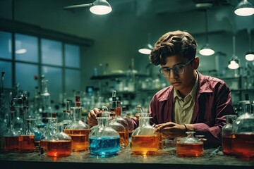 Schoolboy experimenting with the reagents in laboratory. ai generative - obrazy, fototapety, plakaty