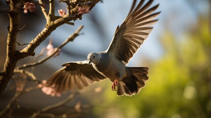 Obraz premium A pigeon in flight, with a nearby branch