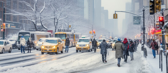 timelapse of busy urban downtown snow winter city crowd people commuter transportation intersection...