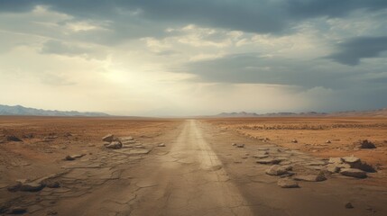 Fototapeta na wymiar A dusty road stretching into the vast desert landscape