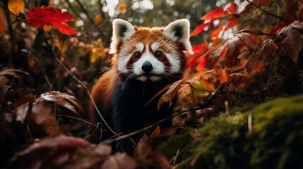 Fototapeta premium A Red Panda moves gracefullyamong the leavs on the grass