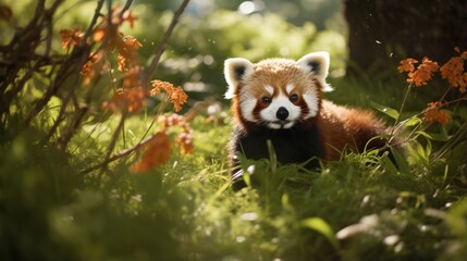A Red Panda moves gracefullyamong the leavs on the grass
