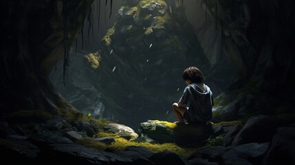 A rock at the cave entrance in the forest features a blur boy image sitting