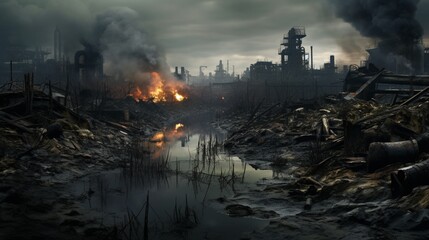 A scene in the industrial sector marked by severe pollution originating from a sizable factory - obrazy, fototapety, plakaty