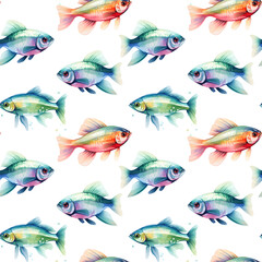 Watercolor oriental pattern with rainbow carps. Seamless oriental texture with isolated hand drawn fishes and blossom cherry. Asian natural background in vector